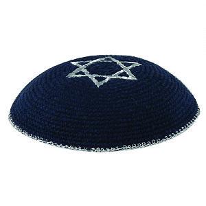 Quality Knitted Kippot - Navy with Silver Star and Rim 