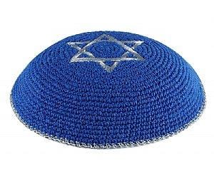 Quality Knitted Kippot - Royal Blue with Silver Star and Rim 