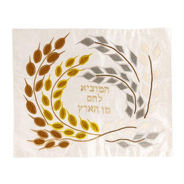 Raw Silk Applique`d Challah Cover- Round Wheat- Gold 
