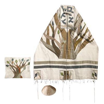 Raw Silk Applique`d Tallit - Full - 95 CM- Tree Of 