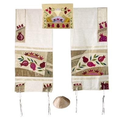 Raw Silk Applique`d Tallit - Pomegranate - Gold 