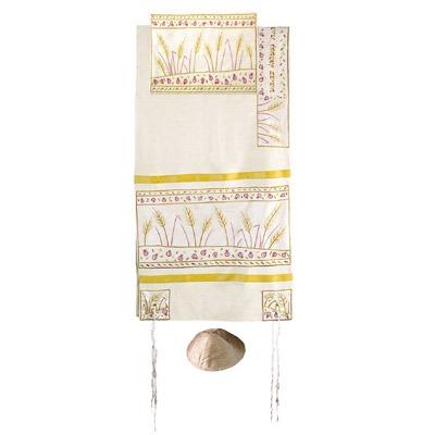 Raw Silk Applique`d Tallit - Wheat 