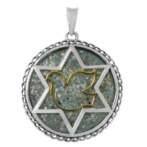 Roman Glass Star & Gold Peace Dove Pendant 18 inches Chain (45 cm) 