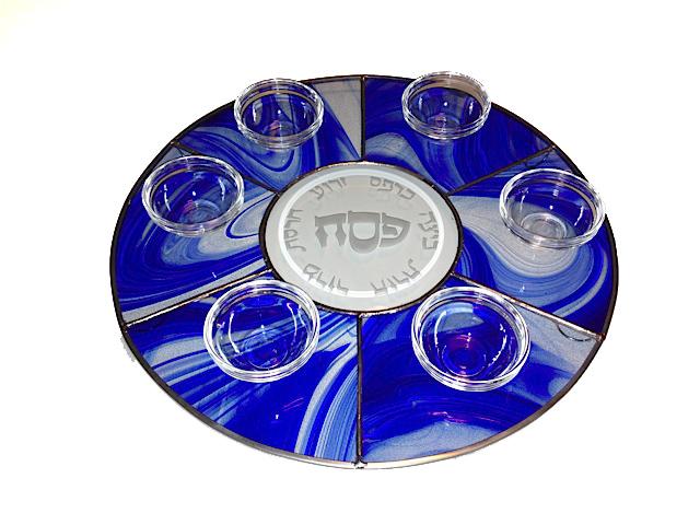 Round Stained Glass Seder Plate Blue 