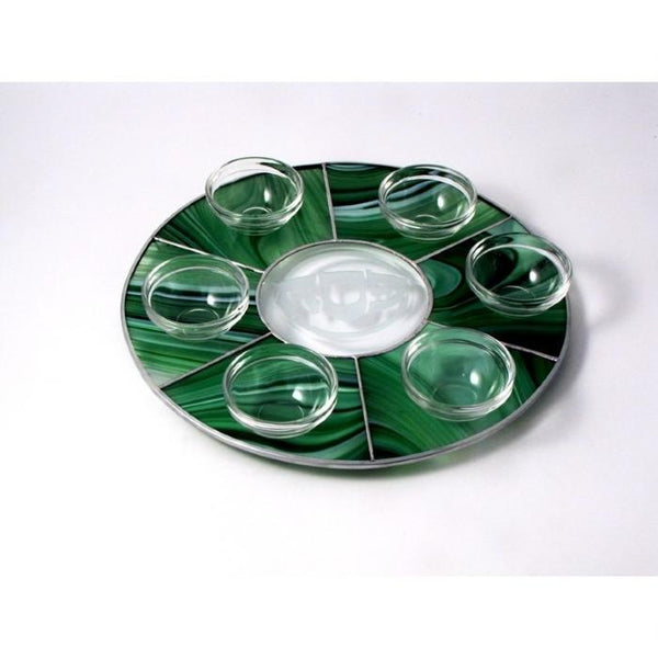 Round Stained Glass Seder Plate Green 