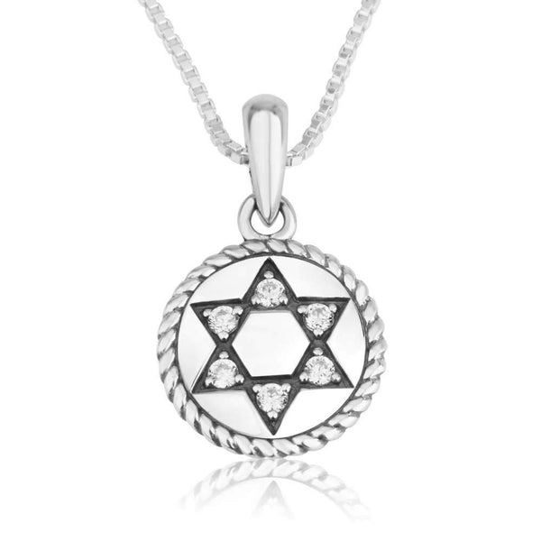 Round Star David Silver Zircon Stone Textured Pendant Jewish Jewelry Holy Land Jewish Jewelry 