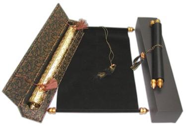 Royal Velvet Scroll Invitations in Colors. Case & Box Set 12 x 8.5" Black/Gold 