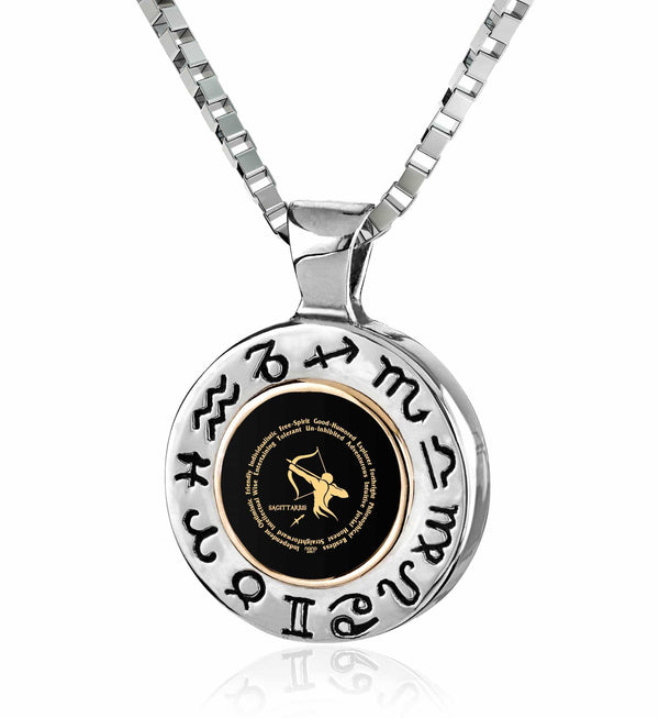Sagittarius Sign, 925 Sterling Silver with 14K Gold Necklace, Onyx Necklace Black Onyx 