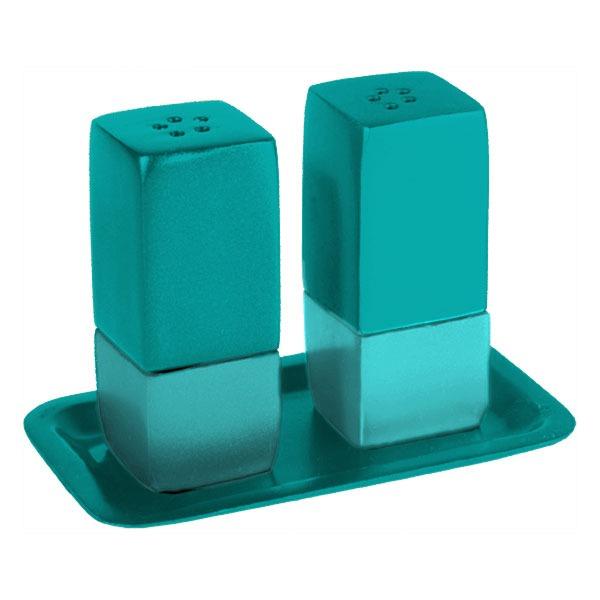 Salt & Pepper Shakers + Tray - Metal -Turquoise 