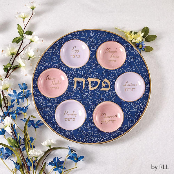 Seder Plate, Blue Curlicues, Gold Accents, Ceramic,12”, Color Box PASSOVER, Pesach 