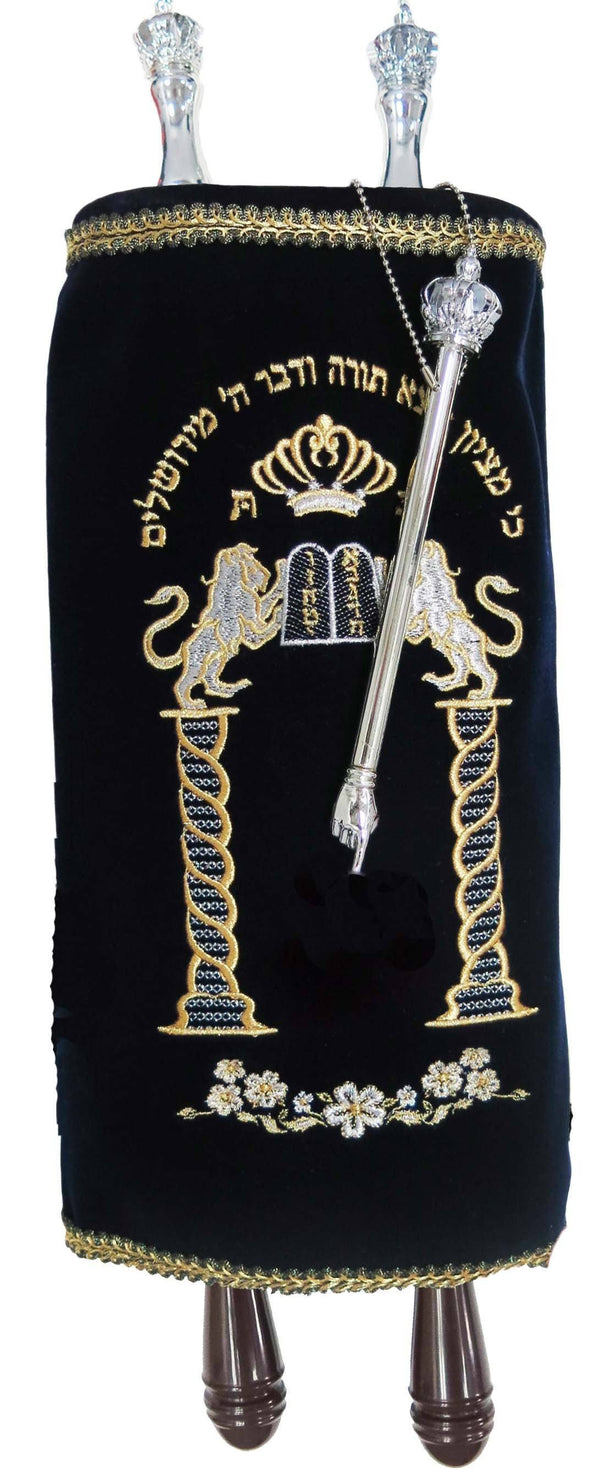 Sefer Torah Scroll With Navy Velvet Mantle On Torah Scroll 
