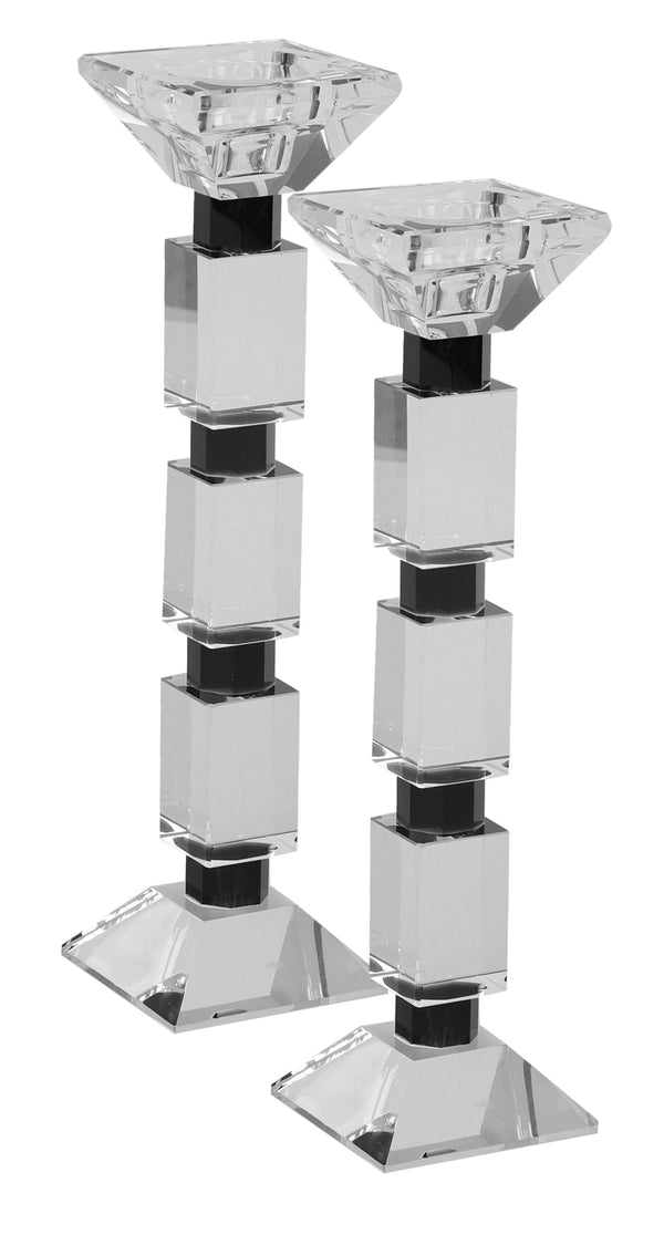 Set of 2 Crystal Candlesticks crystal and black rectangular pattern 10" Schonfeld Collection 