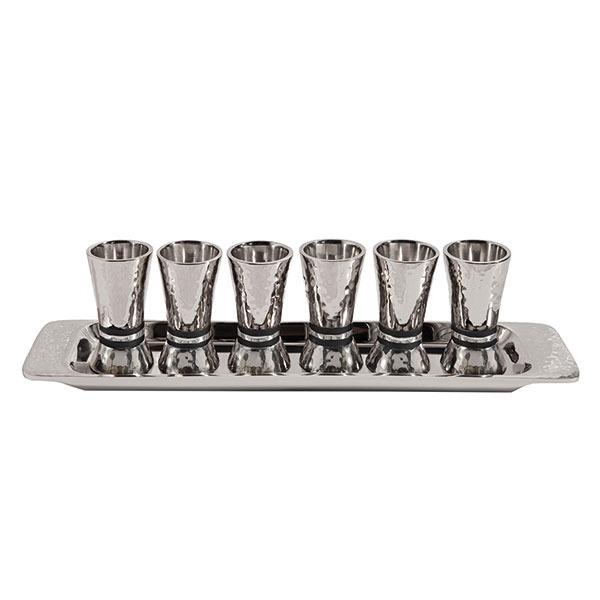 Set of 6 Small Cups + Tray - Hammer Work - Rings - Black 