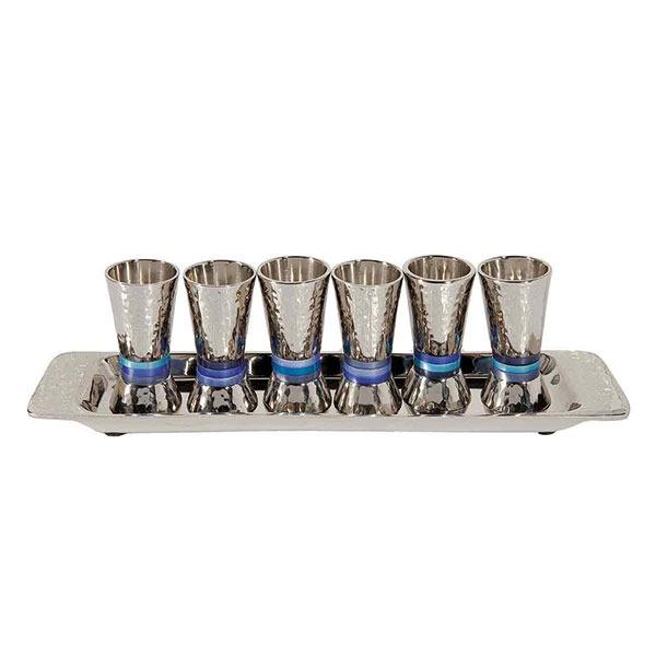 Set of 6 Small Cups + Tray - Hammer Work - Rings - Blue 