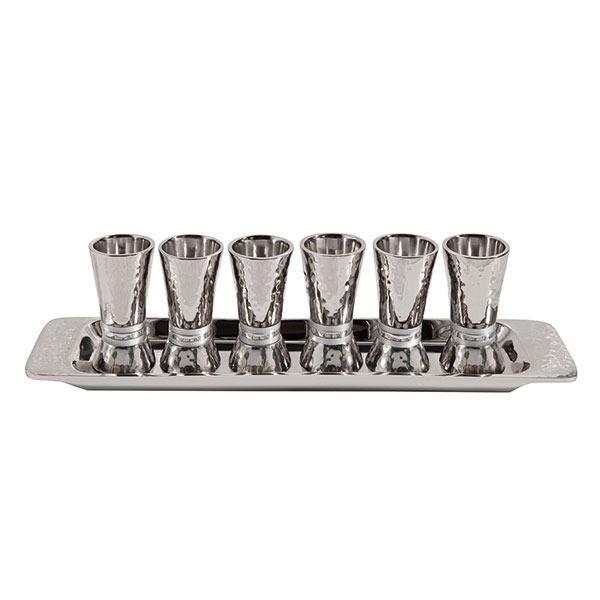 Set of 6 Small Cups + Tray - Hammer Work - Rings - Silver 