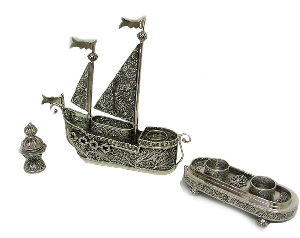 Shabbat Candlesticks & Havdalah Boat Set in One - Sterling Silver 