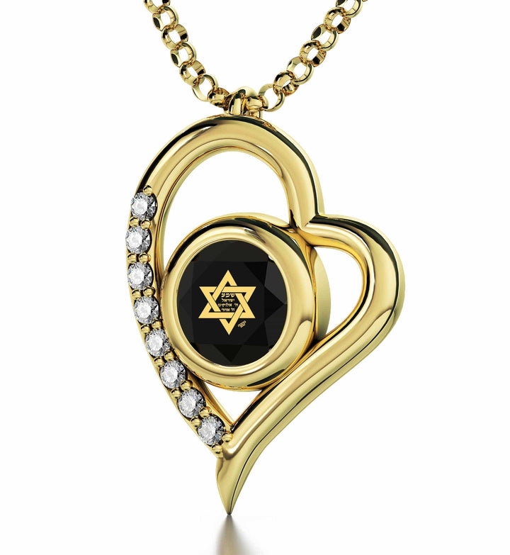 "Shema Yisrael", 14k Gold Diamonds Necklace, Swarovski Necklace Black Jet 