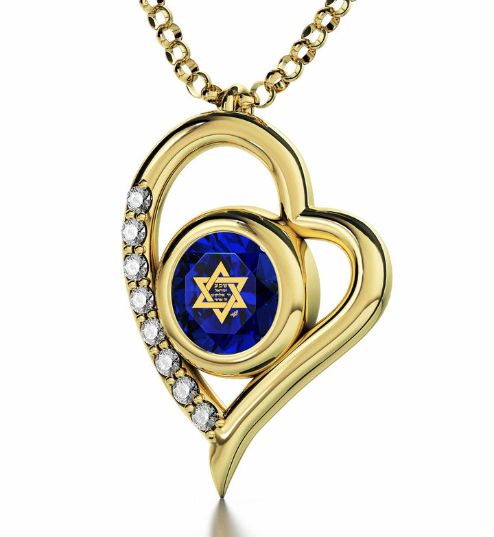 "Shema Yisrael", 14k Gold Diamonds Necklace, Swarovski Necklace Blue Sapphire 