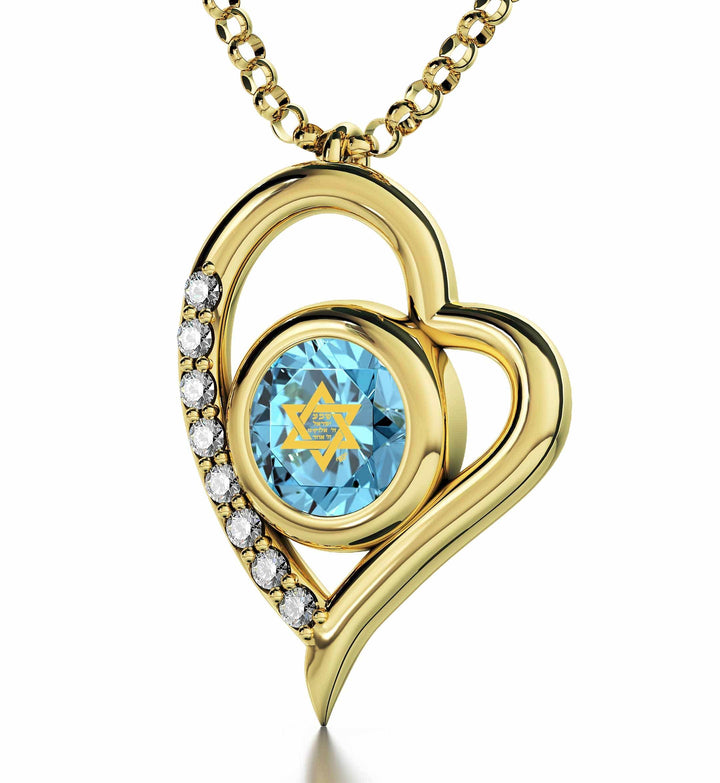 "Shema Yisrael", 14k Gold Diamonds Necklace, Swarovski Necklace Light Blue Aqua 