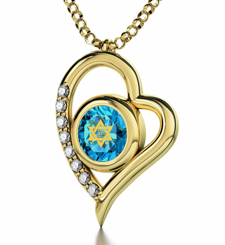 "Shema Yisrael", 14k Gold Diamonds Necklace, Swarovski Necklace Turquoise Blue-Topaz 