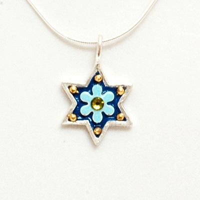 Shiny Star of David Necklace - Small Blue Flower 