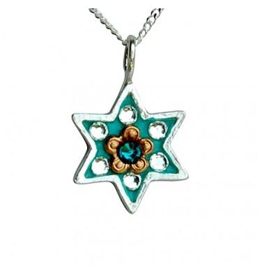 Shiny Star of David Necklace - Small Gold Teal Star of David 