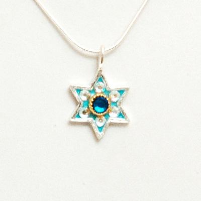 Shiny Star of David Necklace - Small Light Blue Small 