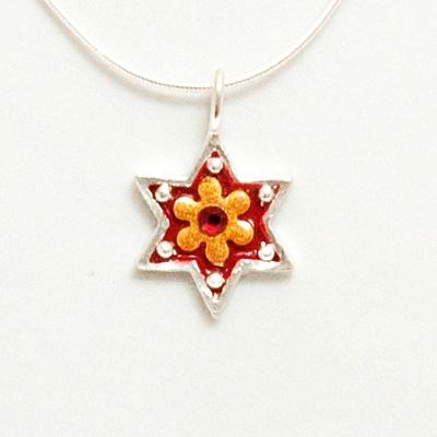 Shiny Star of David Necklace - Small red flower 