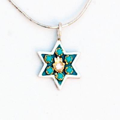 Shiny Star of David Necklace - Small Turquoise Hamsa 