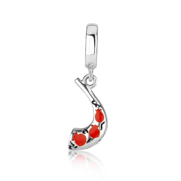 Shofar hanging charm with pomegranate artwork in red enamel. Made from Sterling Silver Jewish Jewelry 