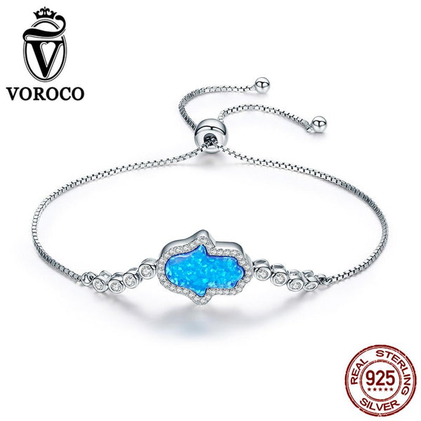 Silver Blue Opal Hamsa Hand Bracelet - Adjustable bracelets 