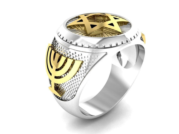Silver & Gold Star of David & Menorah Ring Silver & Gold 