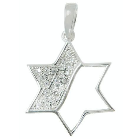 Silver & Gold Star Of David Stone Pendant Necklace 18 inches Chain (45 cm) Zirconia Clear 14Kt Yellow Gold