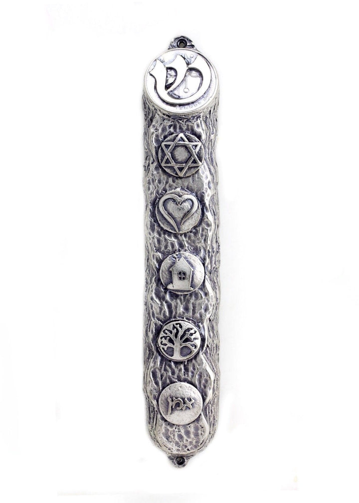 Silver Mezuzah with Bright Symbols & Blessings - Big (16cm) 
