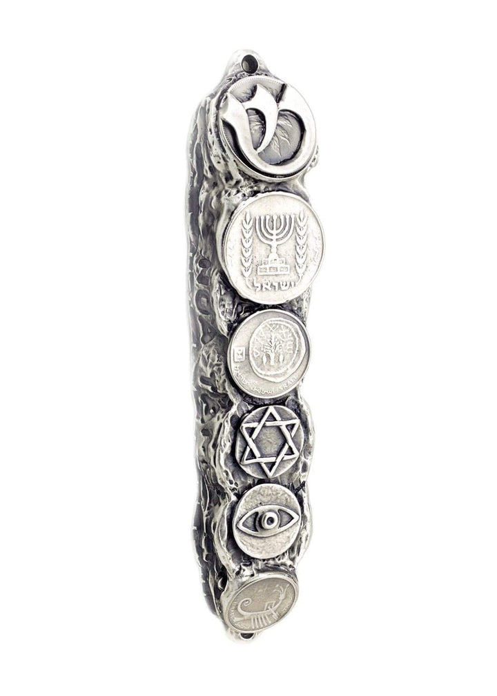 Silver Mezuzah with Israeli Collector's Coins & Blessings - Small (13cm) 