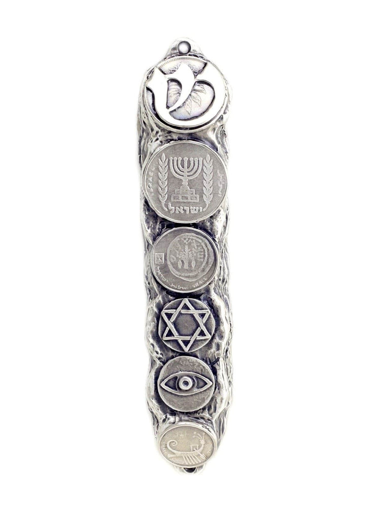 Silver Mezuzah with Israeli Collector's Coins & Blessings - Small (13cm) 