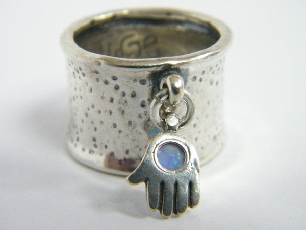 Silver Opal Wide Hamsa Charm 15mm Ring 