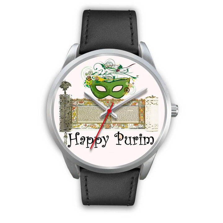 Silver Purim Wrist Watches in Colors Happy Purim! Silver Watch Mens 40mm Black Leather 