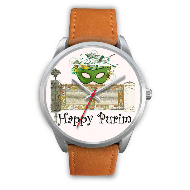 Silver Purim Wrist Watches in Colors Happy Purim! Silver Watch Mens 40mm Brown Leather 