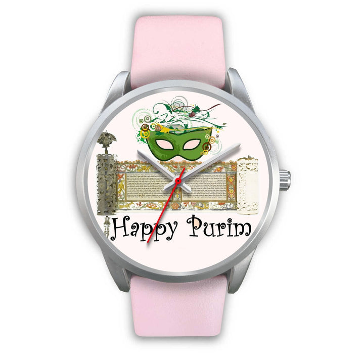 Silver Purim Wrist Watches in Colors Happy Purim! Silver Watch Mens 40mm Pink Leather 