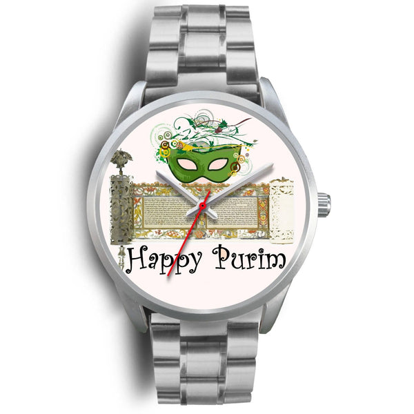 Silver Purim Wrist Watches in Colors Happy Purim! Silver Watch Mens 40mm Silver Metal Link 