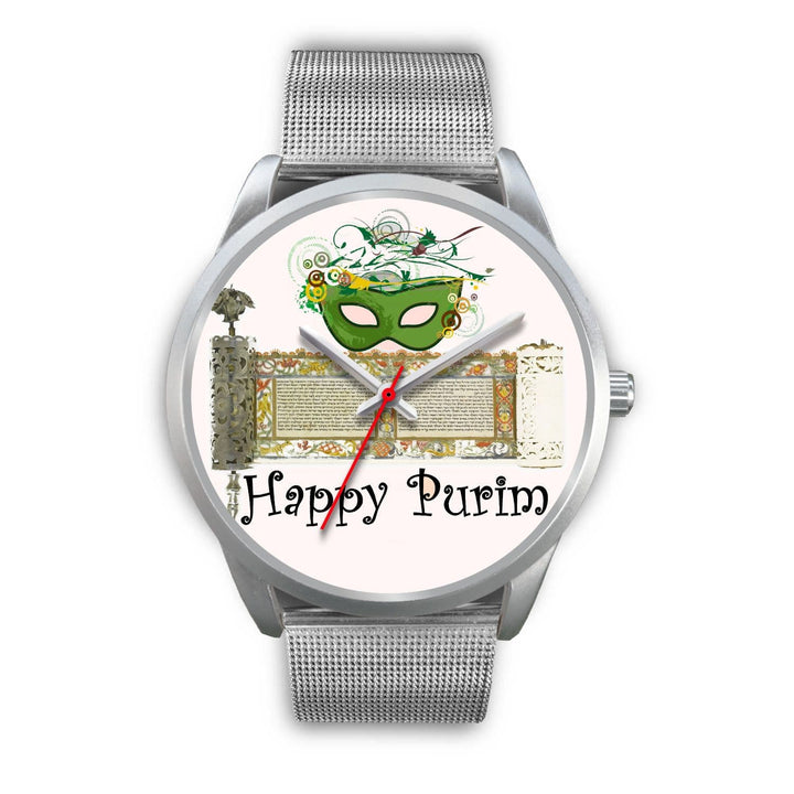 Silver Purim Wrist Watches in Colors Happy Purim! Silver Watch Mens 40mm Silver Metal Mesh 