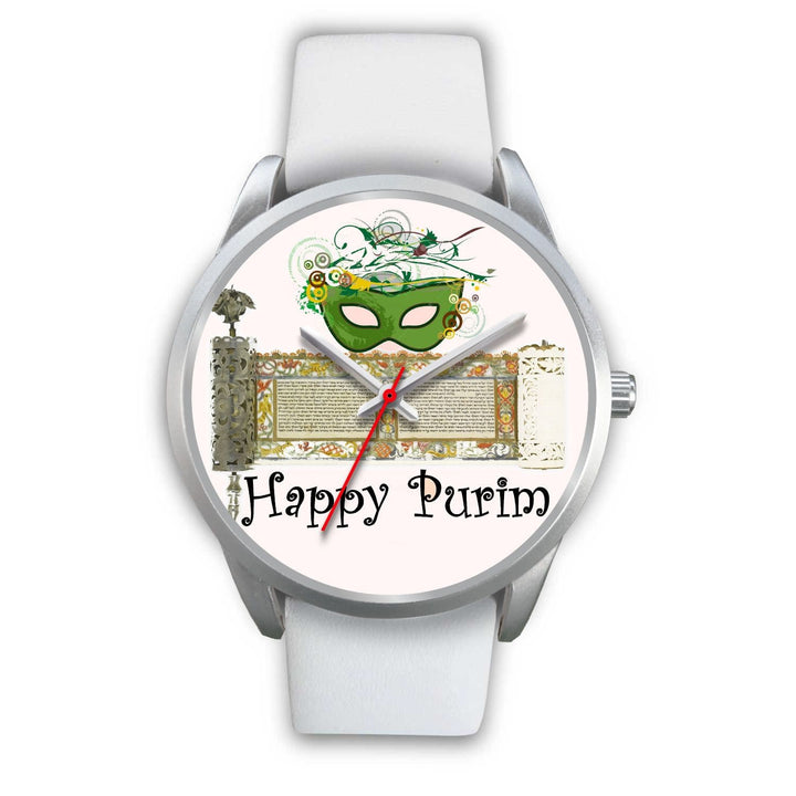 Silver Purim Wrist Watches in Colors Happy Purim! Silver Watch Mens 40mm White Leather 