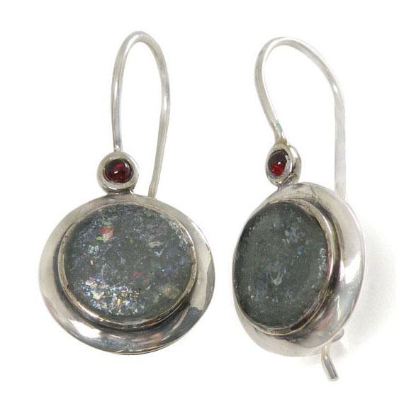 Silver Roman Glass Earrings With Garnet 
