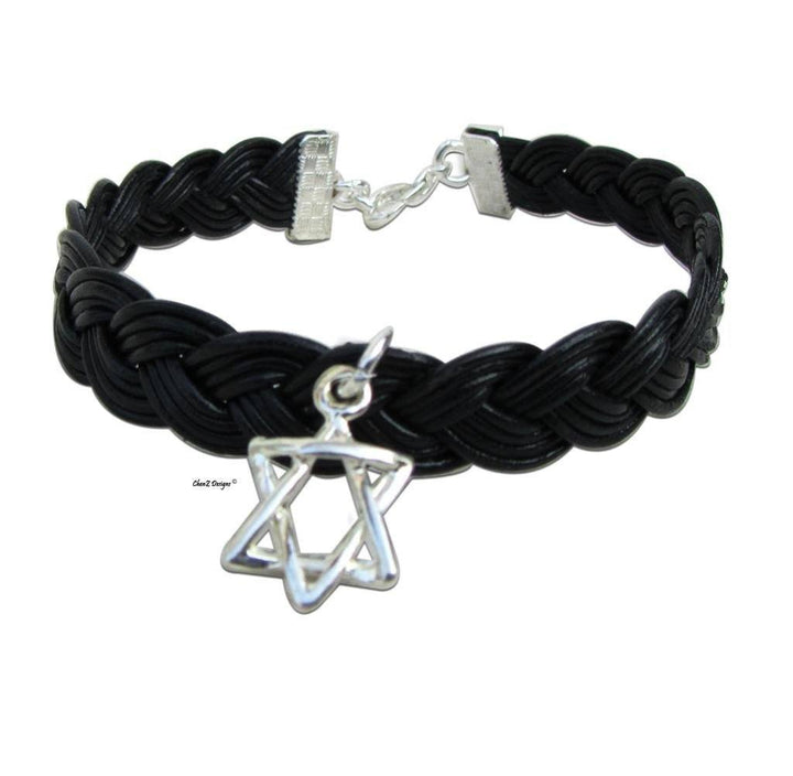 Silver Star Of David Black Leather Men Jewish Bracelet Black 