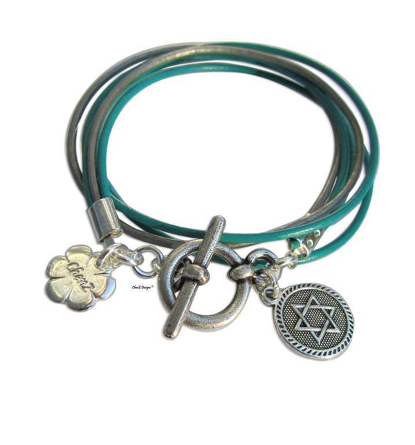 Silver Star Of David Turquoise Leather Wrap Bracelet Jewish Jewelry 