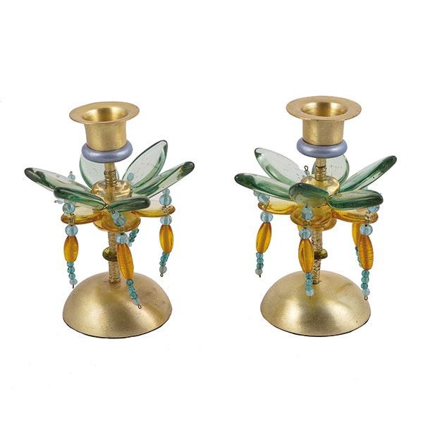 Small Candlesticks - Flower + Beads - Green + Yellow 