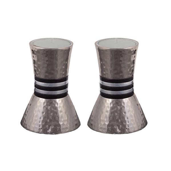 Small Candlesticks - Hammer Work + Rings - Black and Silver 