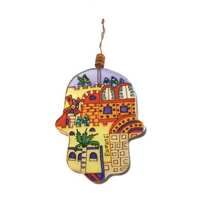 Small Glass Painted Hamsa - Modern Jerusalem 