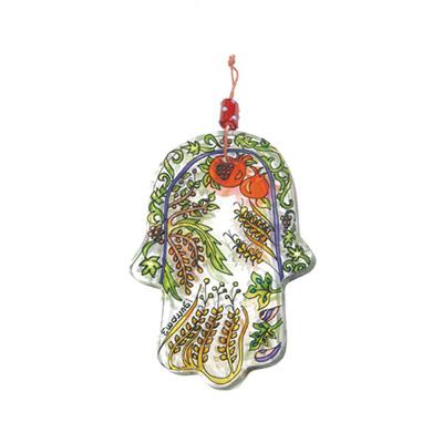 Small Glass Painted Hamsa - Seven Species 